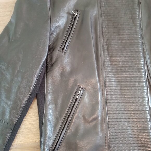 Black Leather Jacket Women's Size Large Kenneth Cole Zip Up Zipper Pockets - Picture 3 of 8